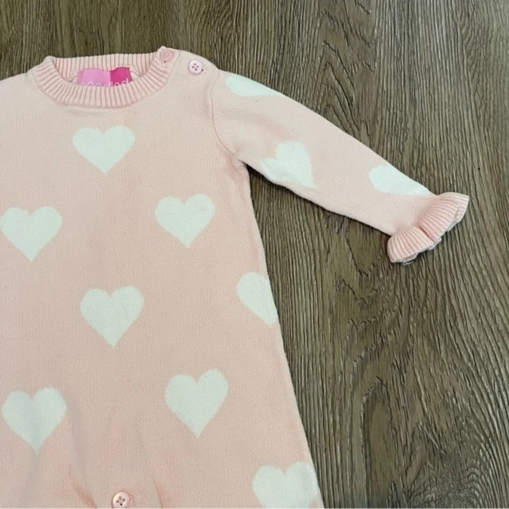 Good Lad Pink Knit Long Sleeve Heart Print Onesie Ruffle Valentines Size 6 Month